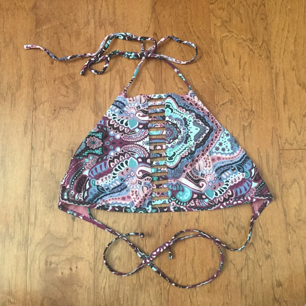 Rue Bleu Purple, Teal Paisley Cage Front Halter Bikini Top Size Large Junior